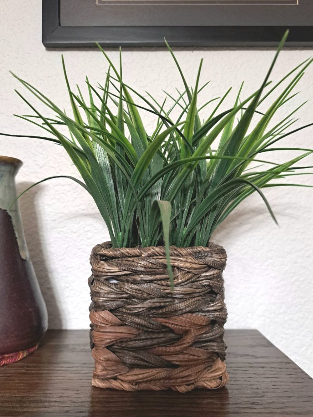 Faux Grass in a Woven Wicker Planter